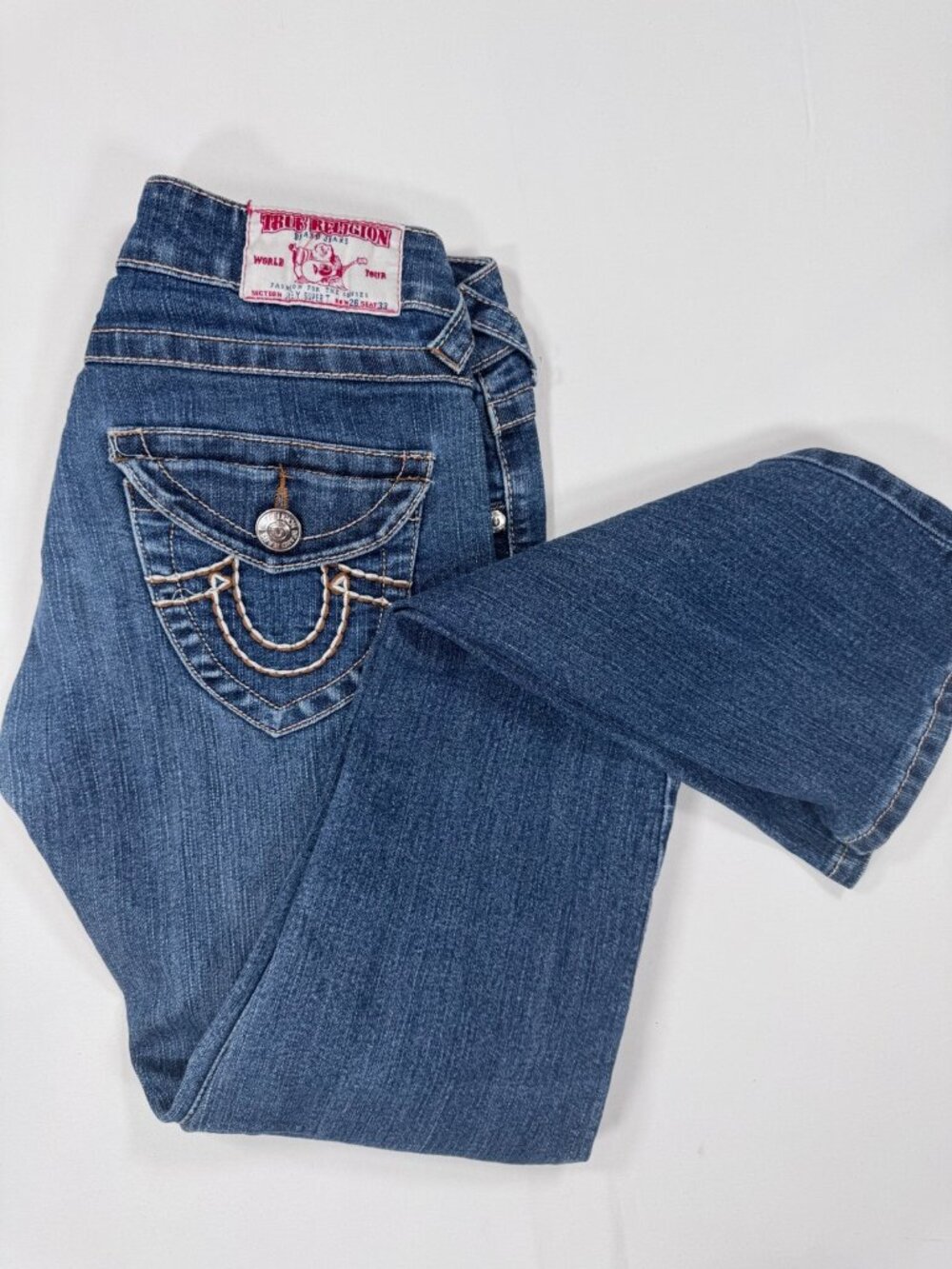 True Religion Joey Super T Blue Jeans 26 Low Rise Straight Y2K McBling Aesthetic